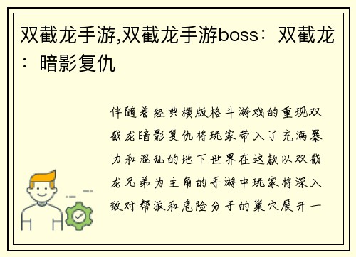 双截龙手游,双截龙手游boss：双截龙：暗影复仇